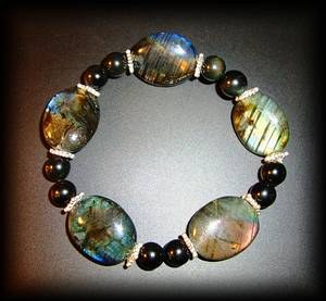 BRACELET LABRADORITE+OBSIDIENNE CELESTE(40gr/élastique)